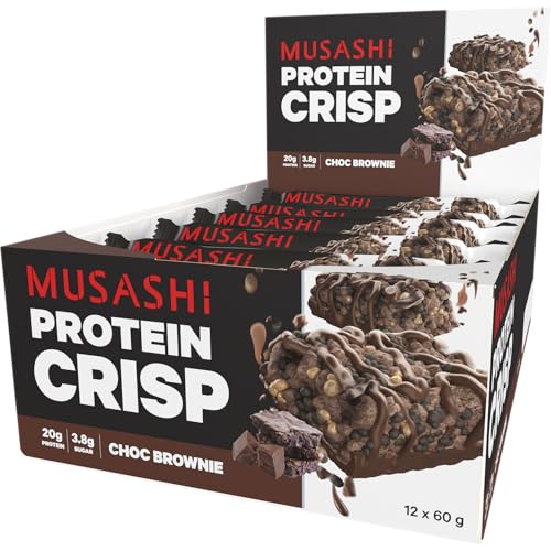 Musashi Protein Crisp Bar, Chocolate Brownie, Low Sugar, Low Carb, Post-Workout Recovery, Pack of 12 (12 x 60g Protein Crisp Bars)