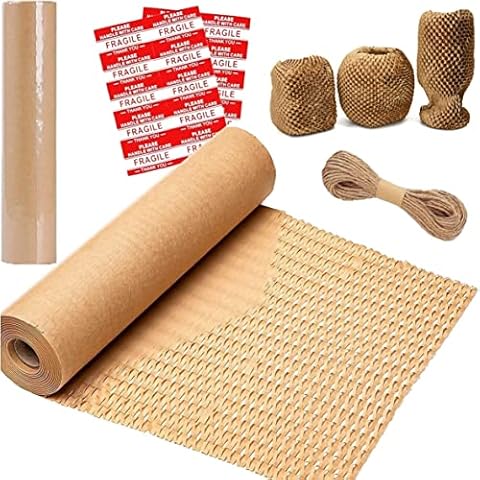 ecoTru UK Honeycomb Wrapping Paper, British Brand Eco Friendly Alternative Bubble Wrap for Moving House, Biodegradable Packaging Paper, Fragile Stickers & Jute String, Packing Paper for Shipping Boxes Cover