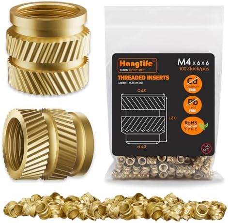 HANGLIFE Heat-Set Threaded Inserts, M4 Heat Set Insert for 3D Printing Components and Plastic Parts - Brass Metric Knurled Nuts (100 Pieces)
