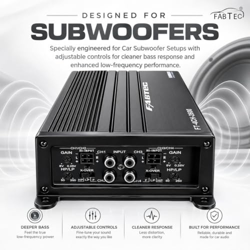 Image of FABTEC 4 Channel Compact Class D Car Amplifier - 125W RMS x 4 @ 4Ω, 500W RMS Total, 2600W Peak Power, 400W x 2CH Bridged @ 4Ω, 200W x 2CH @ 4Ω - Adjustable LPF, HPF & Gain Controls, DIY Audio Projects