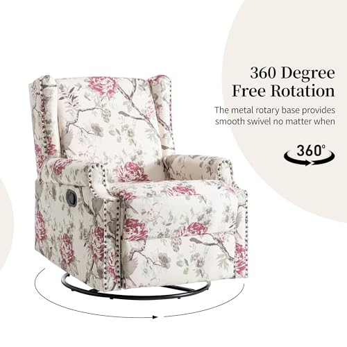 Image of Swivel Rocker Recliner Chair Set of 2, 360 Swivel Wingback Recliner Chairs for Adults, Upholstered Printed Fabric Glider Rocking Chair with High Back, Deep Seat for Living Romm Bedroom, Plants Floral