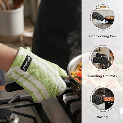 Image of Encasa XO 100% Cotton Apron Set for Women & Men with Adjustable Apron, Oven Gloves & Pot Holder (Pack of 3) Combo, Heat-Resistant, Soft & Durable for Cooking, Baking & Grilling (Franca Lime Stripes)