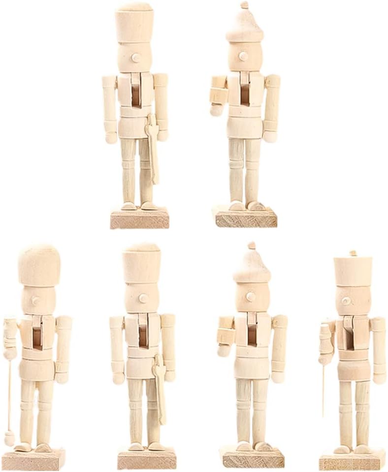 ABOOFAN 6Pcs Christmas Wooden Unfinished Nutcracker Figurines DIY Blank Unpainted Nutcracker Puppet Walnut Soldier Ornament Decoration