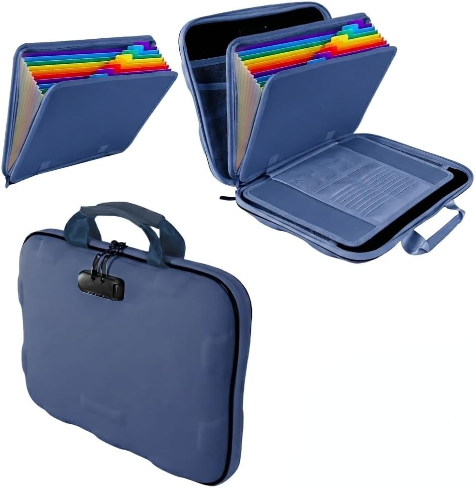 Fireproof Document Box, Hard Case Fireproof File Organizer Box with Lock and 13 Pocket Accordion File Folder, Portable Safe Box for Office Storage Important Documents (With Out Shoulder Strap, Blue)