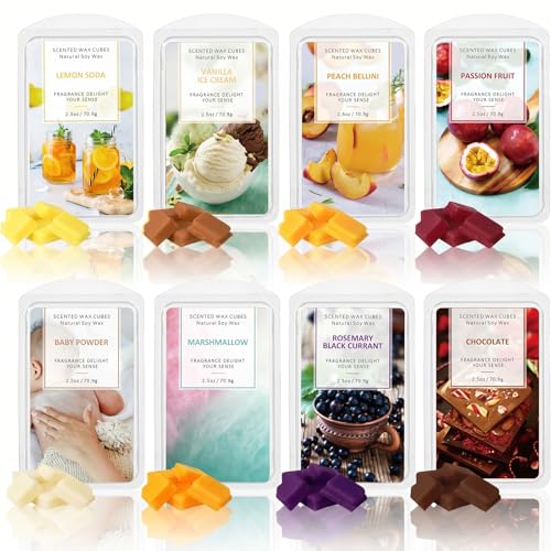 STRN Wax Melts, Scented Soy Wax Cubes, 8 Scents Lemon Soda, Vanilla Ice-Cream, Chocolate, Baby Powder, Rosemary Black Currant, Long-Lasting Summer Fragrance for Wax Warmers, Home, Spa, 8x2.5