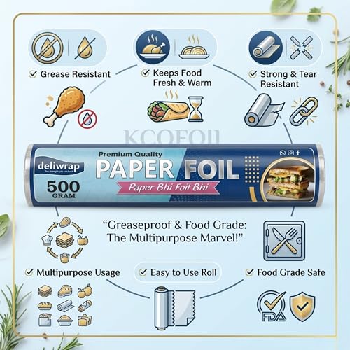 Image of 2-in-1 Paper & Silver Aluminium Foil Roll (500g Net) | Greaseproof & Heat Retention | Keeps Food Fresh | Perfect for Wrapping, Packing, Storing & Serving