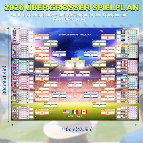 Sumapner 2026 Fußball Extra Großes Spielplan Poster 110x80cm, 2er Fanartikel mit 600 Flaggen Aufklebern + Siegertipp Poster, Turnier Wandkarte–Geschenk für Fußball Fans & Party Dekoration