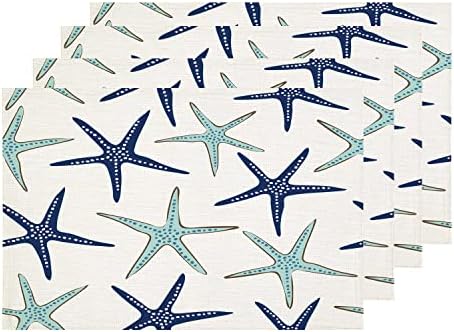 Shrahala Sky Blue Nautical Starfish Placemats, White Navy Sea Star Table Mat Linen Burlap Washable Double-Deck Heat Insulation for Dining Table Kitchen Table Set of 4 (12 x 18 inch)