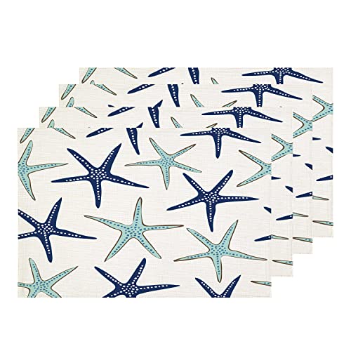 Shrahala Sky Blue Nautical Starfish Placemats, White Navy Sea Star Table Mat Linen Burlap Washable Double-Deck Heat Insulation For Dining Table Kitchen Table Set Of 4 (12 X 18 Inch) #TOP25