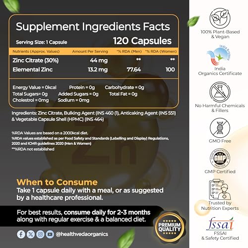 Health Veda Organics Zinc Citrate, 120 Veg Capsules — Zinc Supplements - image 2