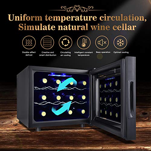 12 Bottle Wine Cooler Refrigerator- Freestanding Wine Cellar for Red, White, Champagne or Sparkling Wine,Compressor Wine Chiller Digital Temperature Control Fridge Glass Door - Black