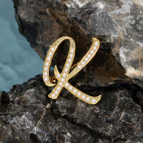 Image of Cicy Bell A-Z Initial 26 Letter Brooch Pins 18k Gold Plated Cubic Zirconia Breastpin Name Personalized Gifts for Women Men