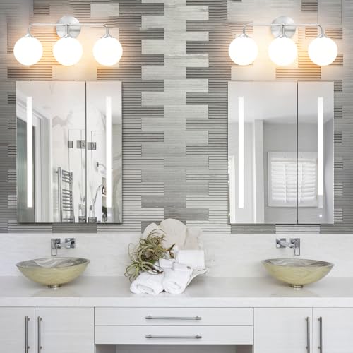 Image of Elagant Modern Brushed Nickel Bathroom Vanity Lights, 3-Lights Bathroom Light Fixtures with Milky White Globe Glass Shade, Bathroom Wall Sconces Light over Mirror Dressing Table Bedroom Living Room