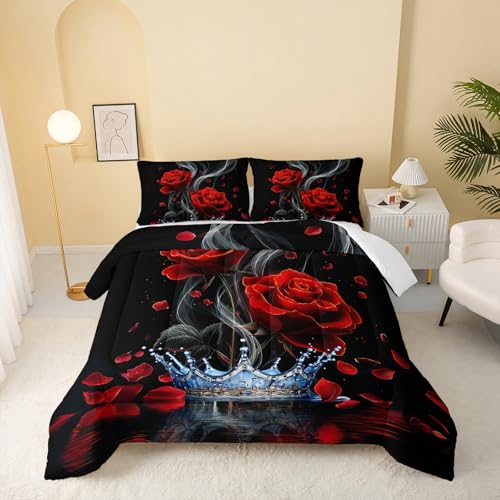 Image of QOOMO 3Pcs Red Rose Comforter Set Full Size,Blue Crown Bedding Set for Teens Boys Girls,Black Comforter with 2 Pillowcases,Soft and Lightweight