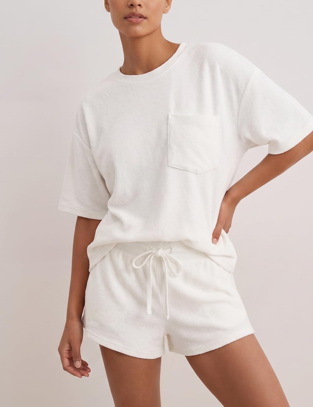 Haellun Womens 2 Piece Lounge Set Soft Short Sleeve Top and Drawstring Shorts for Summer