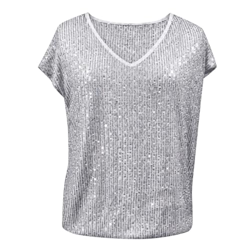 Sparkly Tops for Women V Neck Short Sleeve Sequin Glitter Shirts Silver - image 3