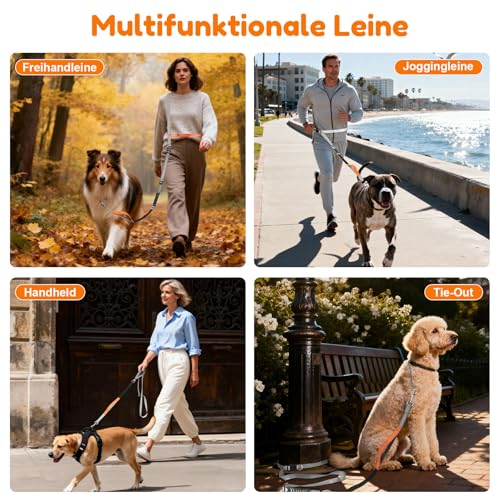 X XBEN 4-in-1 Freihandleine Joggingleine Hundeleine für Große Mittelgroße Hunde, Freihändige Hundeleine mit Hilfsgurt, Bequeme Doppelgriffe und Bauchgurt, Verstellbar (0,8-2,2M), Reduzieren Müdigkeit