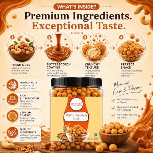 Image of BOGATCHI Butterscotch Nuts (6mm) & Chips with Real Cashews | Vegan, Gluten-Free Crunchy Toppings for Cake Decoration, Ice Cream, Milkshakes, Cookies, Muffins | Premium Dessert Garnish, 200g