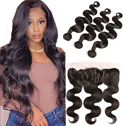 DaiMer Peruvian Body Wave Hair 3 Bundles Free Part 13x4 Lace Frontal Closure Lightly Bleached Knots With Baby Hair 20 22 24 +18 Inch