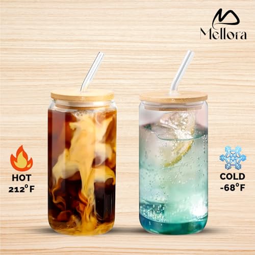 Image of MELLORA Can Shape Tumbler Glass with Straw & Wooden Lid | Leak-Proof, Portable | Ideal for Hot /Cold Coffee, Juice, Drinks | Travel-Friendly, Stylish Mug Sipper | Transparent - 540ml