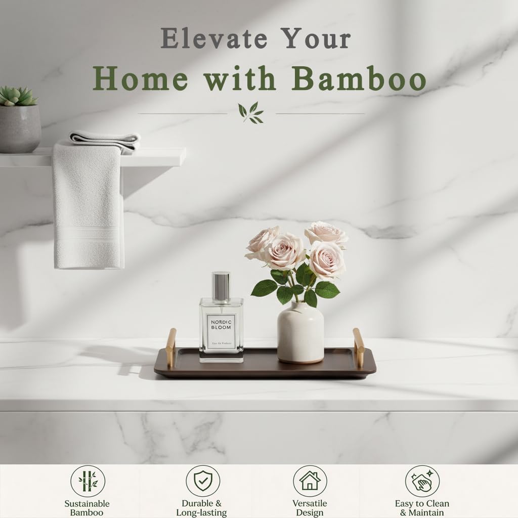 Bathroom Tray for Countertop Organizer,Bamboo Tray with Gold Handle,Vanity Tray Organizer,Multipurpose Organizer Rack for Lavatory, Restroom, and Bathroom Decoration (Walnut Color, 11"x6.3") image 2