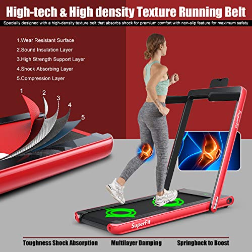 Goplus 2 in 1 Folding Treadmill, 2.25HP Under Desk Electric Treadmill, Installation-Free, with Bluetooth Speaker, Remote Control and LED Display, Walking Jogging Machine for Home/Office Use (Red)