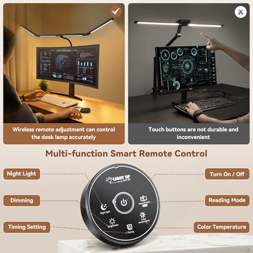 Image of Pzloz Led Desk Lamps for Home Office - Eye Caring Architect Lamp with Clamp, Double Head Computer Monitor Work Desk Light with Remote Control: 24W Flexible Dimmable Desktop Table Lamp