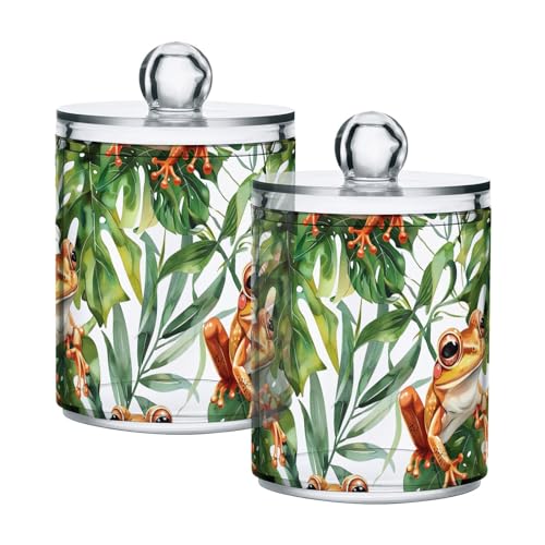 CHIFIGNO Juego de 2 tarros de plástico transparente con diseño de ranas de dibujos animados, hojas tropicales, tarros de boticario con tapas, organizador de tocador de baño para bolas de algodón,