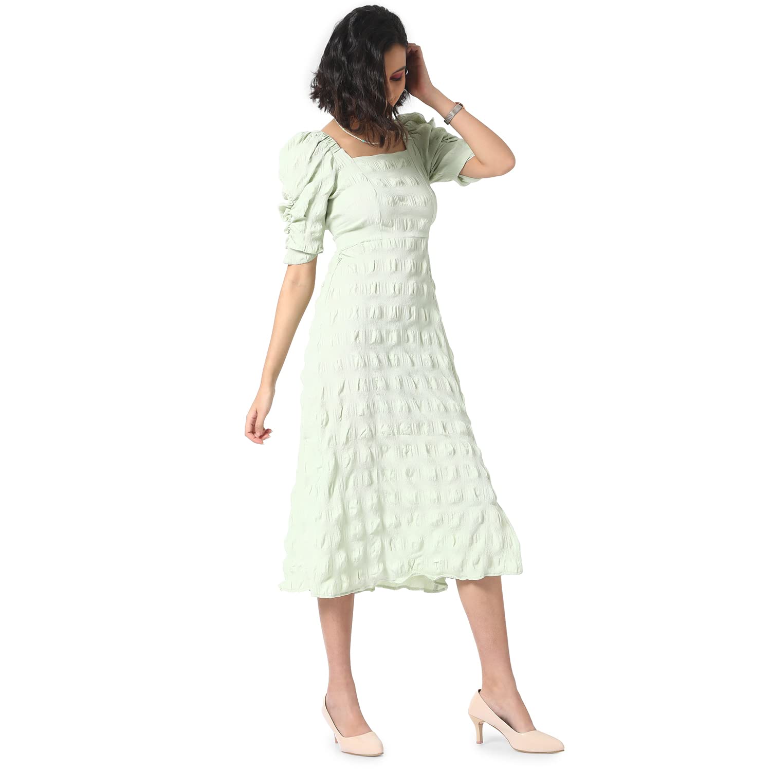 Campus Sutra Women's Creased Midi Dress For Casual Wear | Puff Sleeve | Midi Length | Pull On Closure | Dress Crafted With Comfort Fit For Everyday Wear