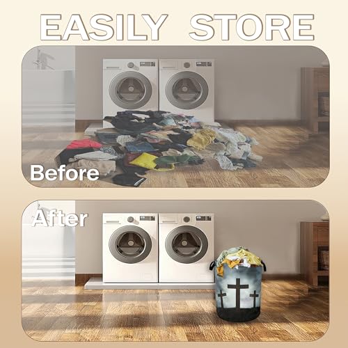 Image of Three Wood Crosses Laundry Hamper,Easter Collapsible Laundry Baskets,Waterproof Oxford Cloth Laundry Room Organization for Bedroom,Bathroom,Nursery,16x20 Inch
