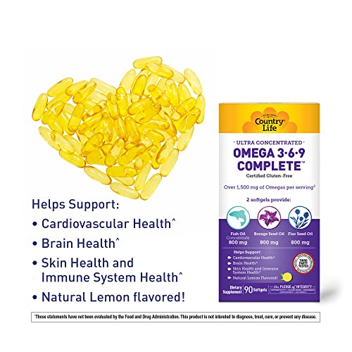 Country Life Omega 3-6-9, Ultra Concentrated, Supports Cardiovascular & Brain Health, 90 Softgels, Certified Gluten Free #TOP3