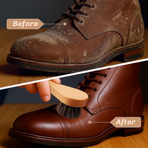 Image of 2 Pcs Horsehair Shine Shoes Brush Kit Polish Dauber Applicators Cleaning Leather Shoes Boots Care Brushes Suede Cleaner Brush(Wooden Style F)