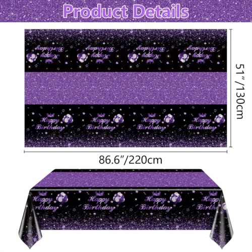 Image of 4 Pcs Happy Birthday Black and Purple Party Tablecloths - Purple Black Party Decorations Plastic Tablecloth Rectangular Table Covers for Boy Girl Baby Shower Birthday Table Supplies, 51 x 86.6 Inch