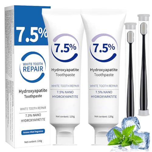 7.5% Hydroxyapatite Toothpaste, Fluoride-Free Hydroxyapatite Toothpaste Whitening 7.5, 7.5% Nano Hydroxyapatite ToothpasteWhite Tooth Repair, Tooth Strengthening, Gentle Mint, Fresh Breath (2pcs)