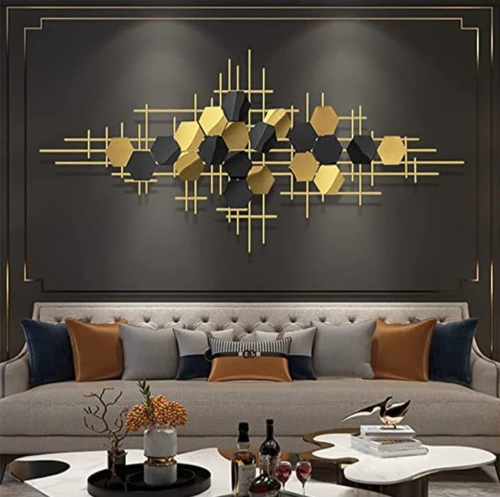 Image of ULTRA SHINE HOME DECOR 3D Creative Hexagon & Lines Geometric Metal Wall Art for Home Decoration, Bedroom, Living Room, Hotel & Restaurant Decor (52 x 25 Inch)
