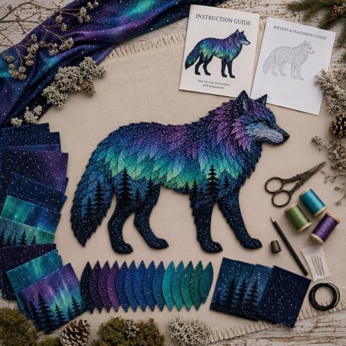 Northern Lights Wildlife DIY Patchwork Kit, Animal Fabric Art Sewing Craft Kit with Layered Appliqué Pieces and Instructions, Creative Fabric Craft Sewing Kit for Adults, Nature Lover Gift (#2) - 2