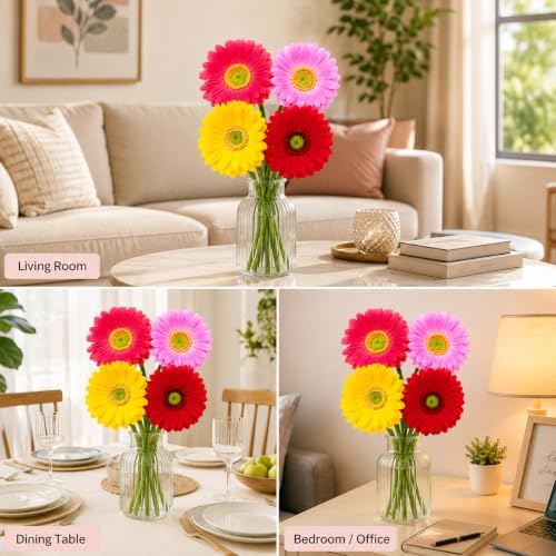 Image of CURATED CART Daisy Artificial Flowers Bunch - Pack of 4, 30 Cm, Gerbera Flowers for Vase | Real Touch with Bendable Stems | Mixed Colours Flower for Home, Kitchen, Office Decor (No Vase)