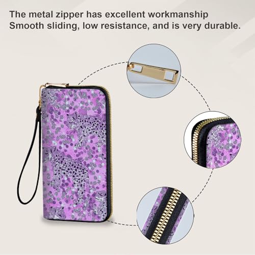 Women's Card Holder Wristlet Wallet, Convenient Travel Long Wallet with Strap and Pink Compact Mirror, Fashion and Sturdy Wristlet Long Purse for Women, Glittery Cheetah4