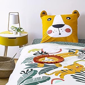 CÔTE DECO Omkeerbaar beddengoed voor kinderen, leeuw, groen en geel, dekbedovertrek 140 x 200 cm + 1 kussensloop 63 x 63 cm, 100% katoen