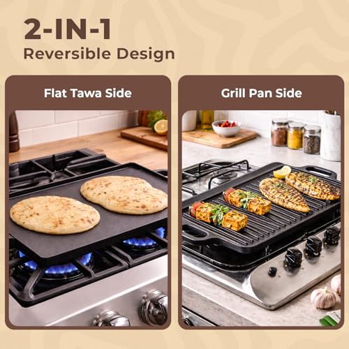 Image of Homero Cast Iron Tawa 50x23 cm - Reversible Grill Pan Cast Iron, Double Sided Grill & Flat Tawa | Pre-Seasoned Heavy Duty Barbeque Pan for Gas, BBQ & Campfire