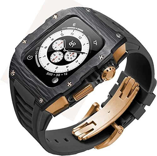 Bracelet caoutchouc fluoré Apple Watch 45mm et coque lunette carbone
