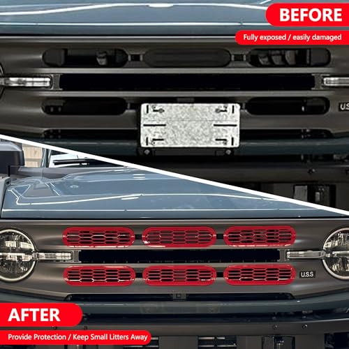 Image of Front Grill Inserts Cover Trims Mesh Grille Frame Kit Compatible with 2021 2022 2023 2024 2025 New Ford Bronco 2 /4 Door Exterior Decoration Accessories Protection Decor Decal, 6Pcs Red