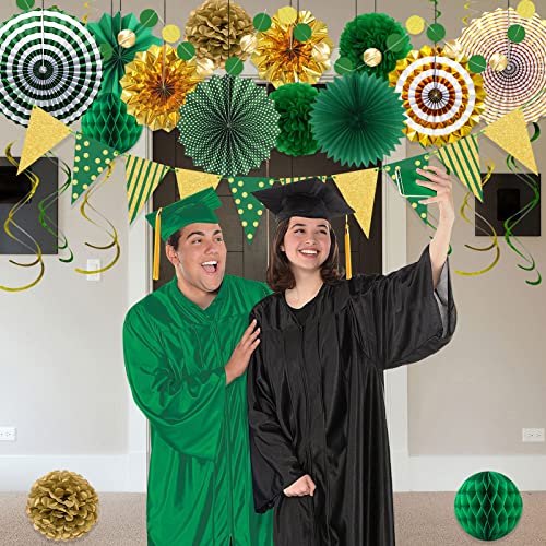 Image of Green Gold Party Decorations, Graduation Season Hanging Glitter Triangle Flags Banner Paper Fan Tissue Pom Poms Garlands, St. Patrick's Day, Bridal Shower, Green Master Golf Themed Birthday