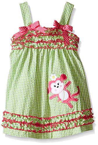 Rare Editions Girls' Green Check Seersucker Dress With Monkey Applique