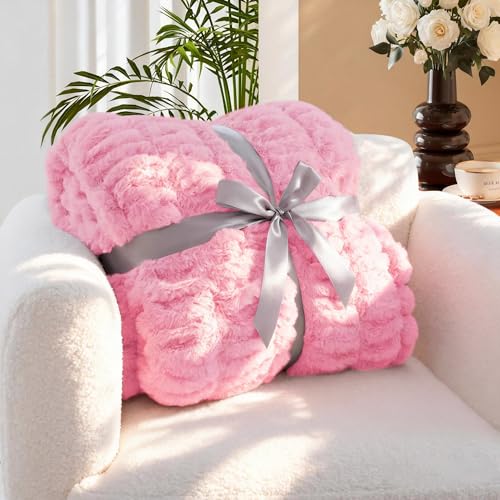 Tejoe Ultra-Soft Faux Rabbit Fur Twin Blanket 60"x80", Cozy Fuzzy