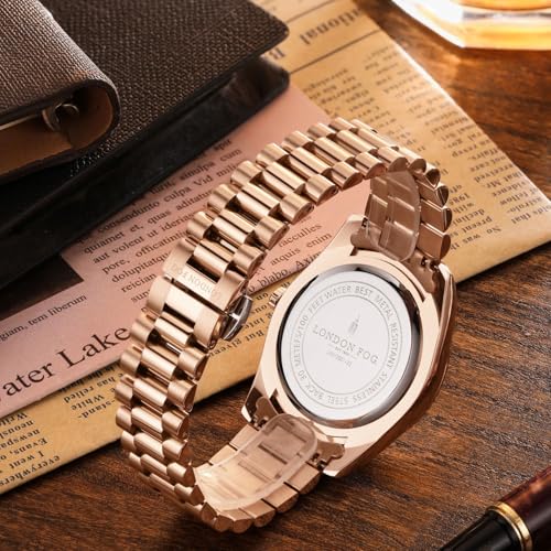 Image of London Fog Oxford Collection Analog Quartz Watch for Men with Round Dial and Stainless Steel Strap, Fluted Metal Case, Day & Date Display, Luminous Hands & Hour Markers & Water Resistant
