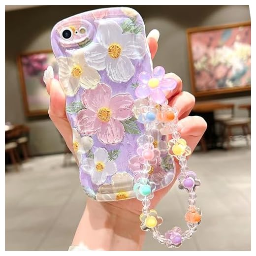 for iPhone 6s Plus iPhone 6 Plus Curly Wavy Case, Cute Colorful Retro Oil Painting Flower Glossy Pattern [with Bead Chain], Slim Fit Shockproof Protective Cover for Girls Women (Purple)