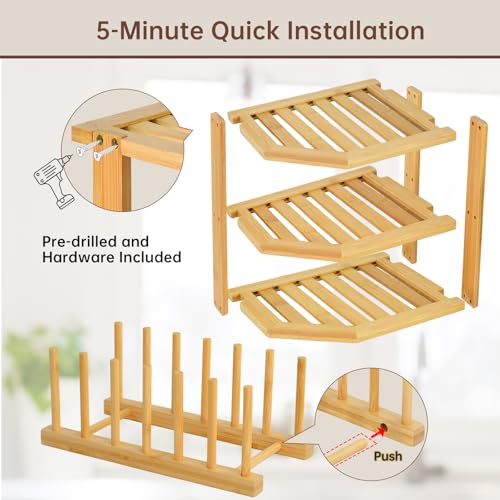 Image of Bamboo Plate Organizer Set, 3 Tier Corner Shelf & Vertical Plate Rack,2 Set