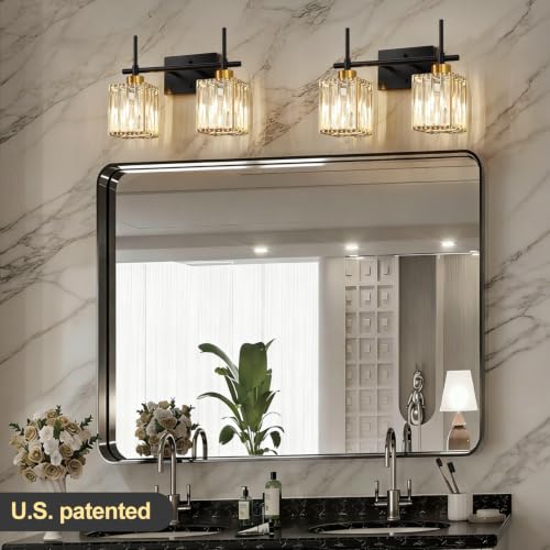 Image of Torondo Modern Crystal Bathroom Vanity Light 2-Lights Gold Bathroom Light Fixtures Over Mirror Black and Gold Vanity Lighting Fixtures Gold Square Shade Brass Wall Sconce (Bulbs Not Include)