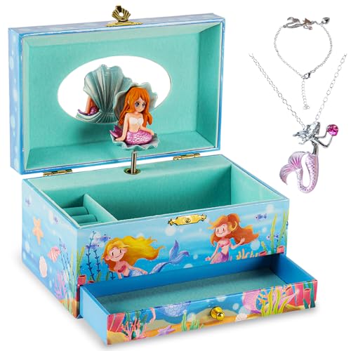 Cipherwest Mermaid Musical Jewelry Box for Girls Plays Swan Lake Includes Mermaid Necklace & Bracelet Musical Jewelry Storage Organizer with Drawer & Spinning Figurine Birthday Gift for Kids